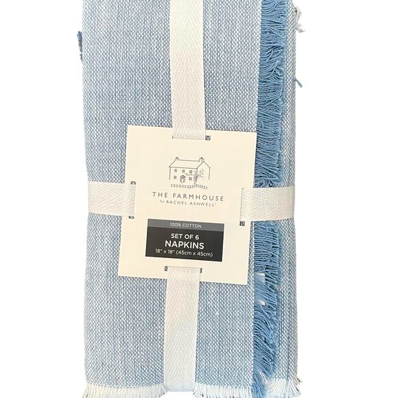 RACHEL ASHWELL The Farmhouse Blue Raw Edge 18 X 18 Cloth Napkins Set 6 NEW - Picture 4 of 9